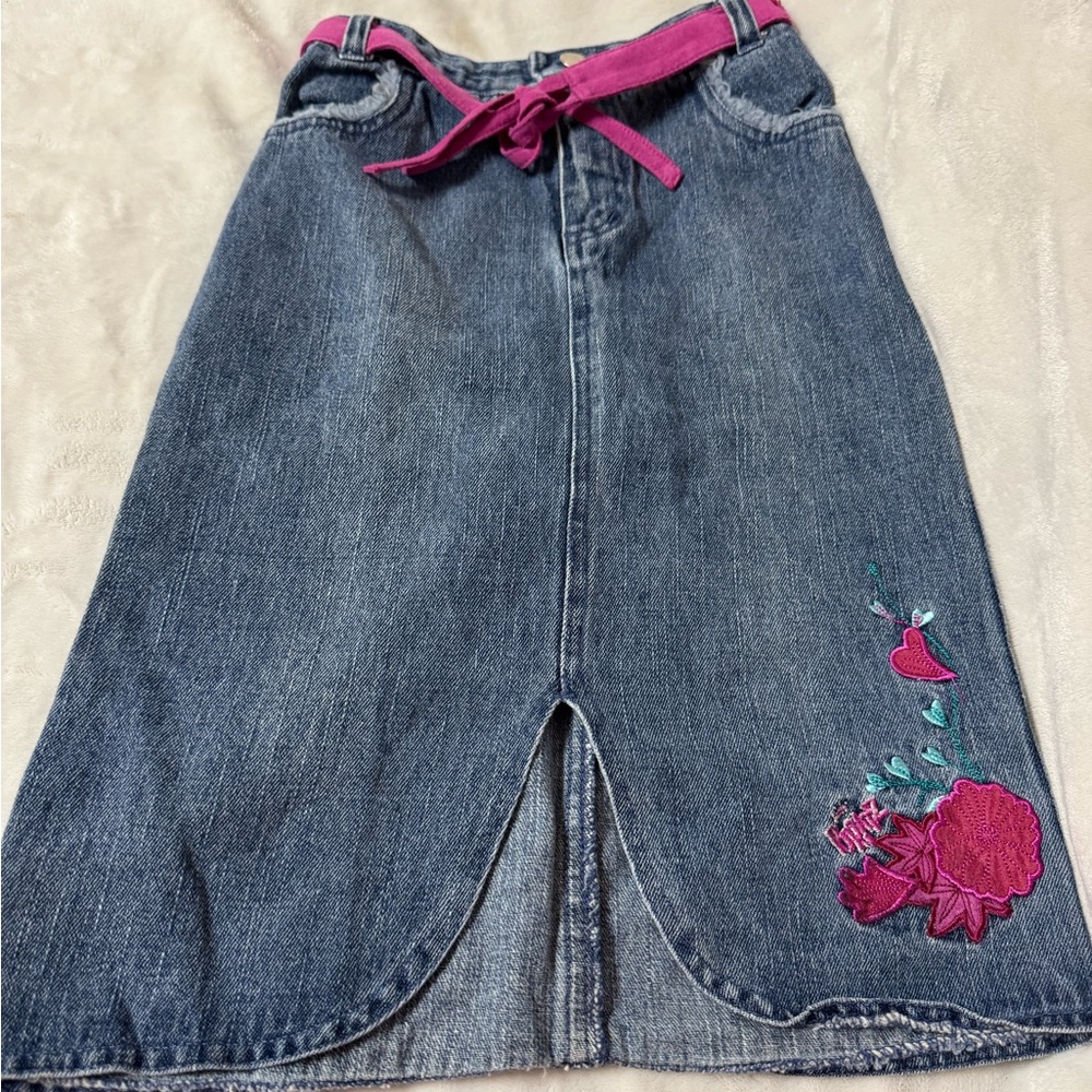Denim Skirt with Pink Embroidery